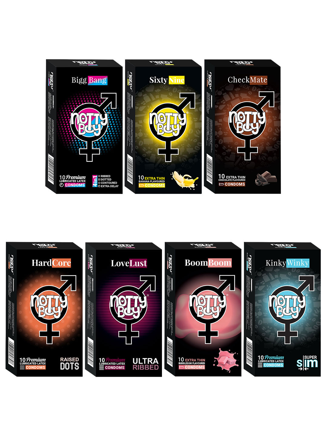 noTTy Boy Set of 7 Honeymoon Mixed Variety Flavoured Condoms