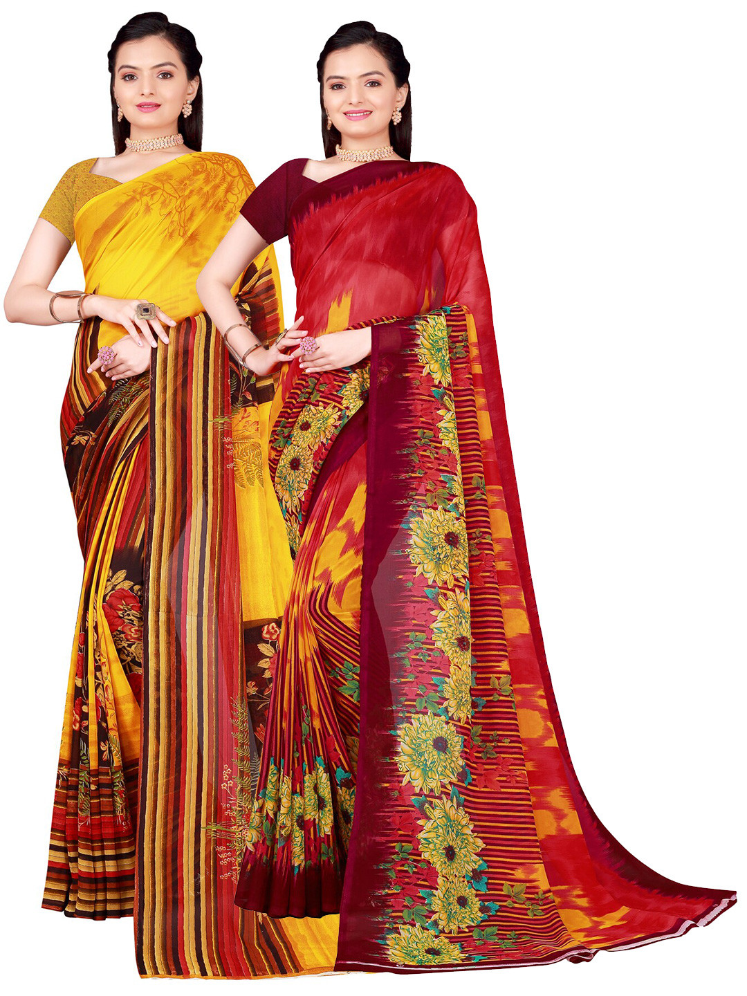 Florence Pack of 2 Yellow & Burgundy Floral Pure Georgette Saree