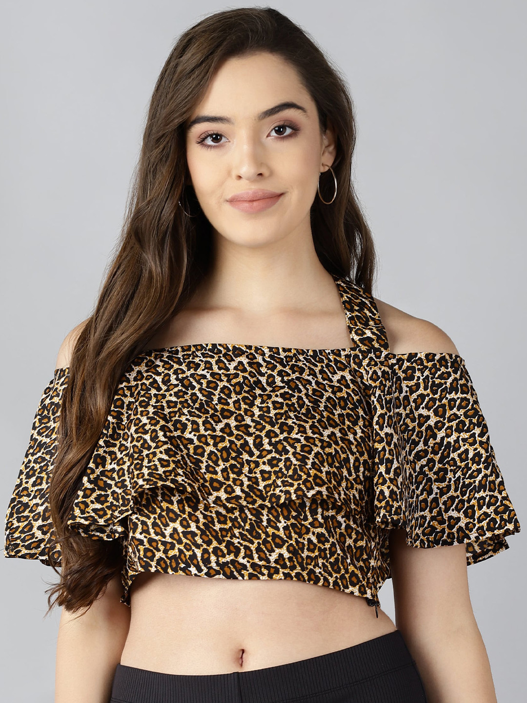 ZNX Clothing Brown Animal Print Crepe Bardot Crop Top