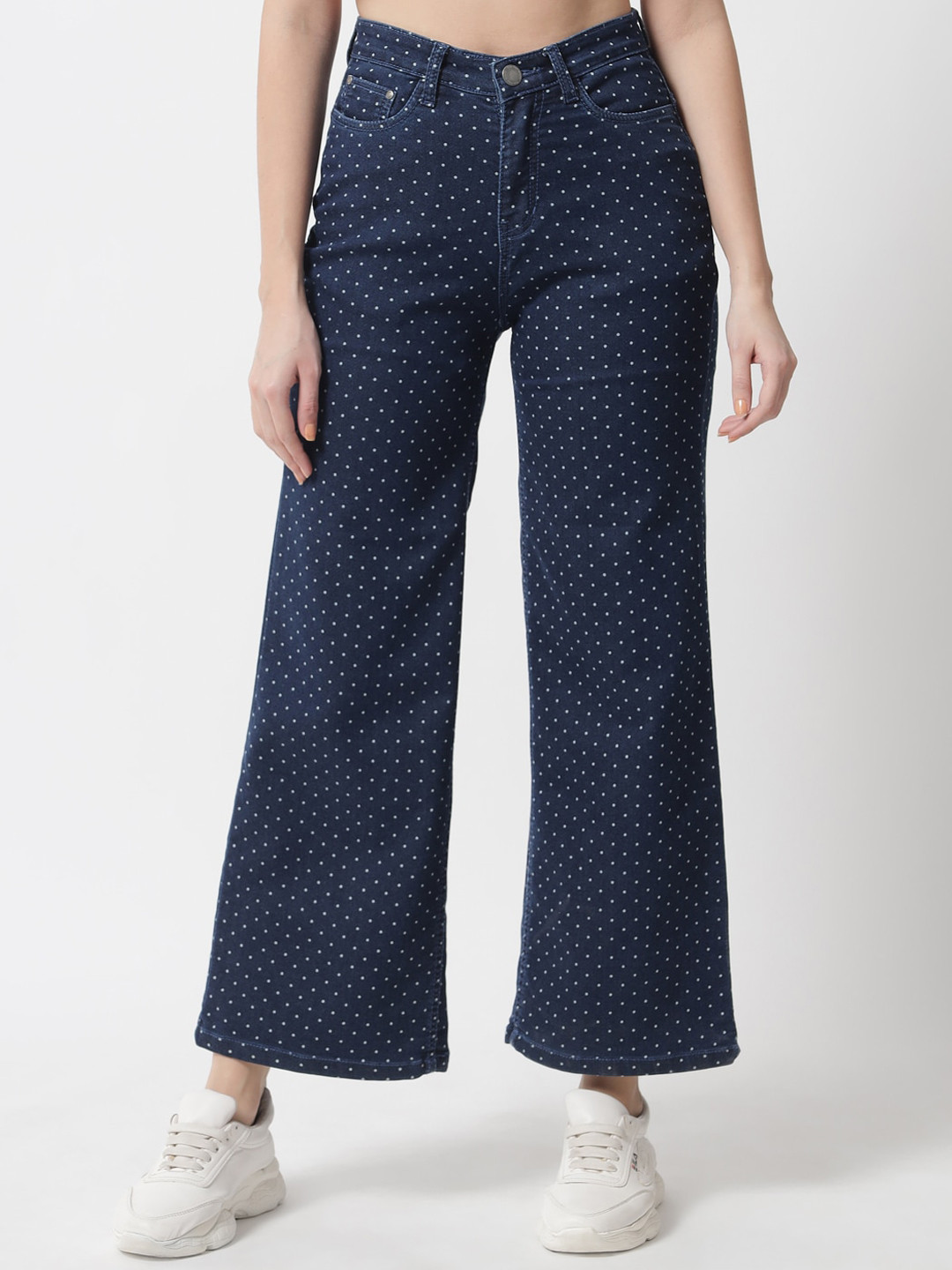 The Dry State Women Blue Wide Leg High-Rise Polka Printed Stretchable Jeans