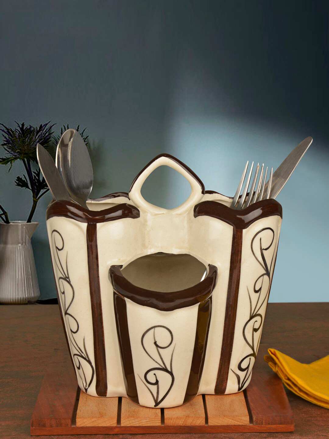 StyleMyWay White & Brown Ceramic Kitchen Cutlery Stand