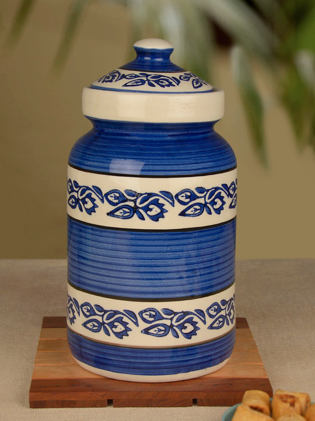 StyleMyWay Blue & White Handpainted Ceramic Jar with Lid