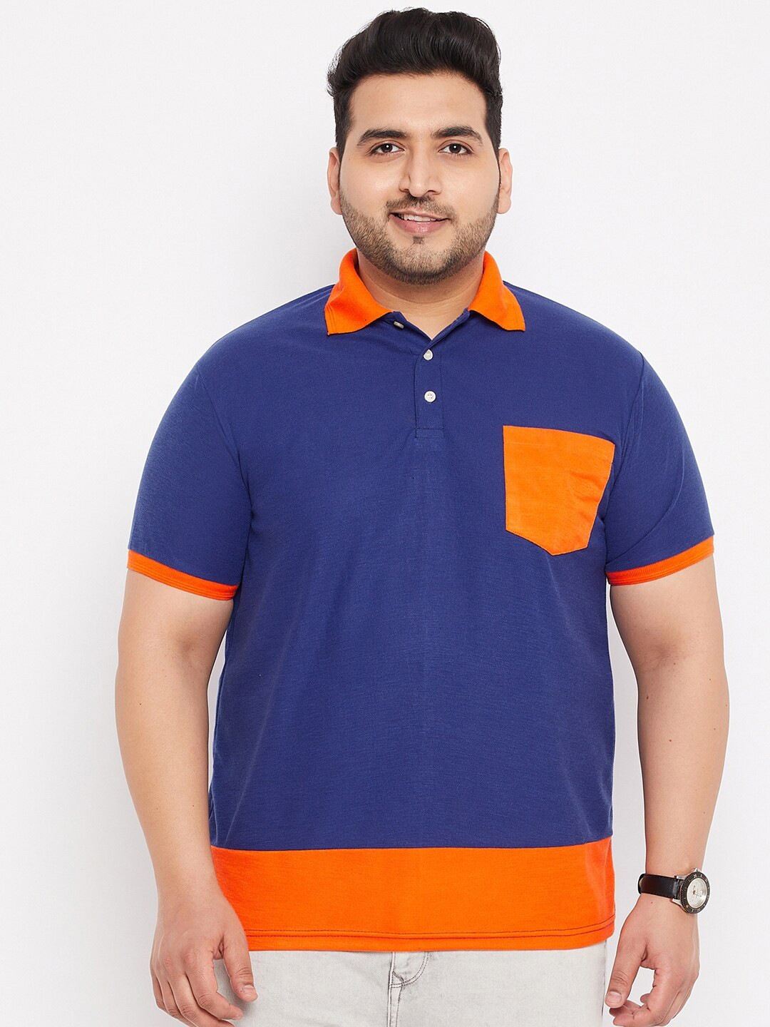 bigbanana Men Blue Plus Size Colorblocked Rapid Dry Polo Tshirt