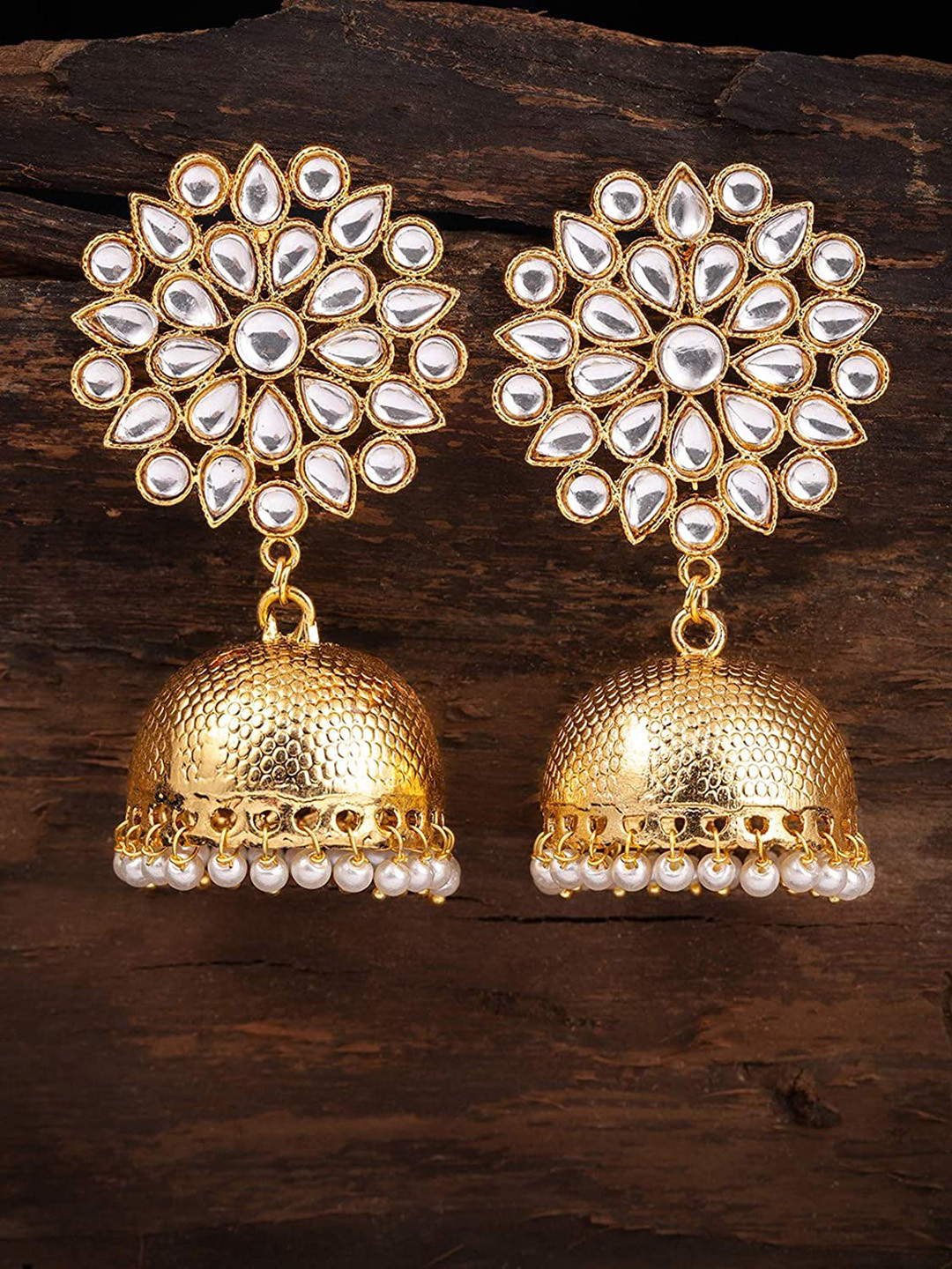 Kord Store White & Gold-Plated Dome Shaped Kundan Jhumka Earrings