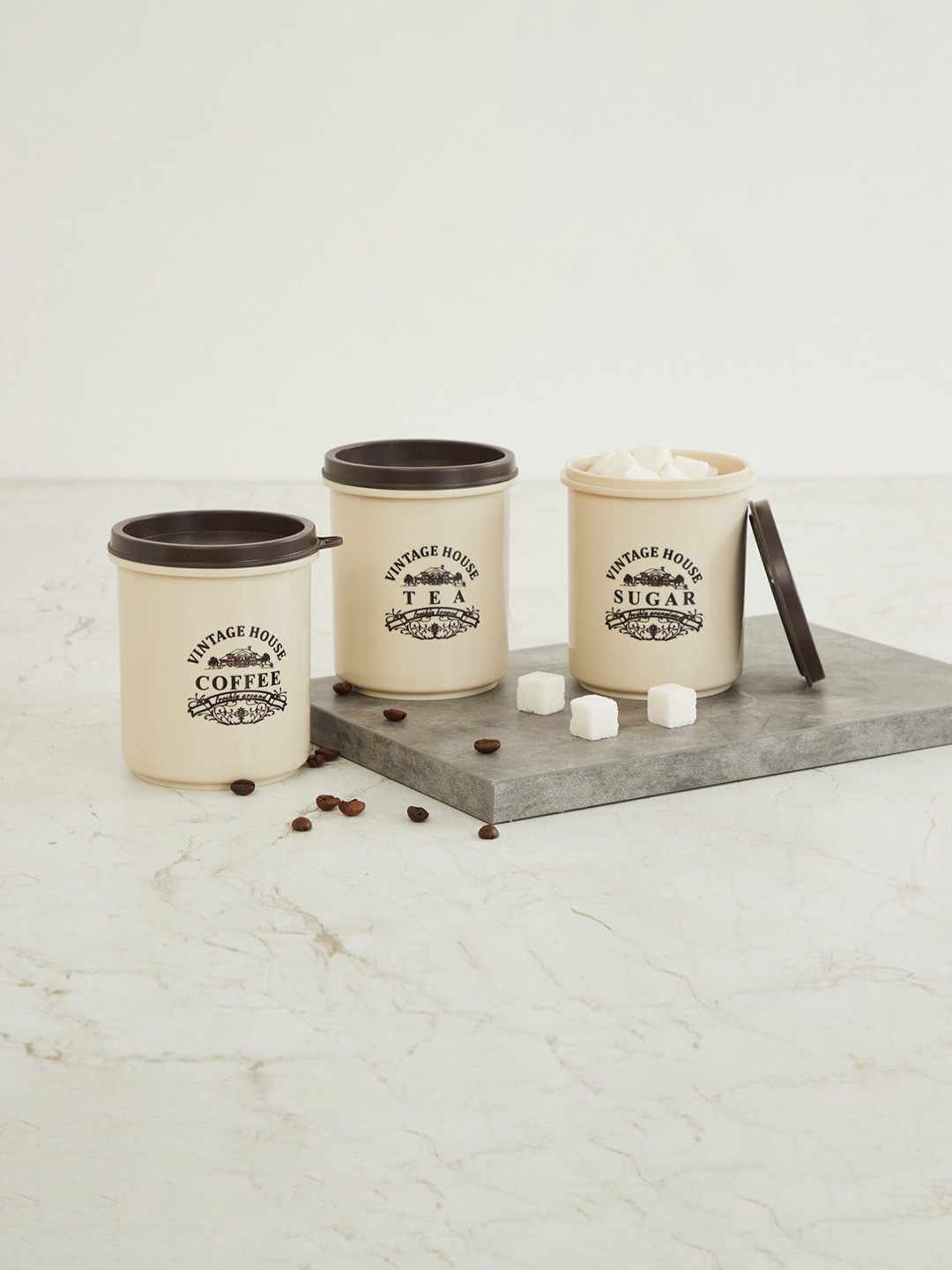 Home Centre Corsica Beige Typography Plastic 3 Piece Flip Top Canister-450ml