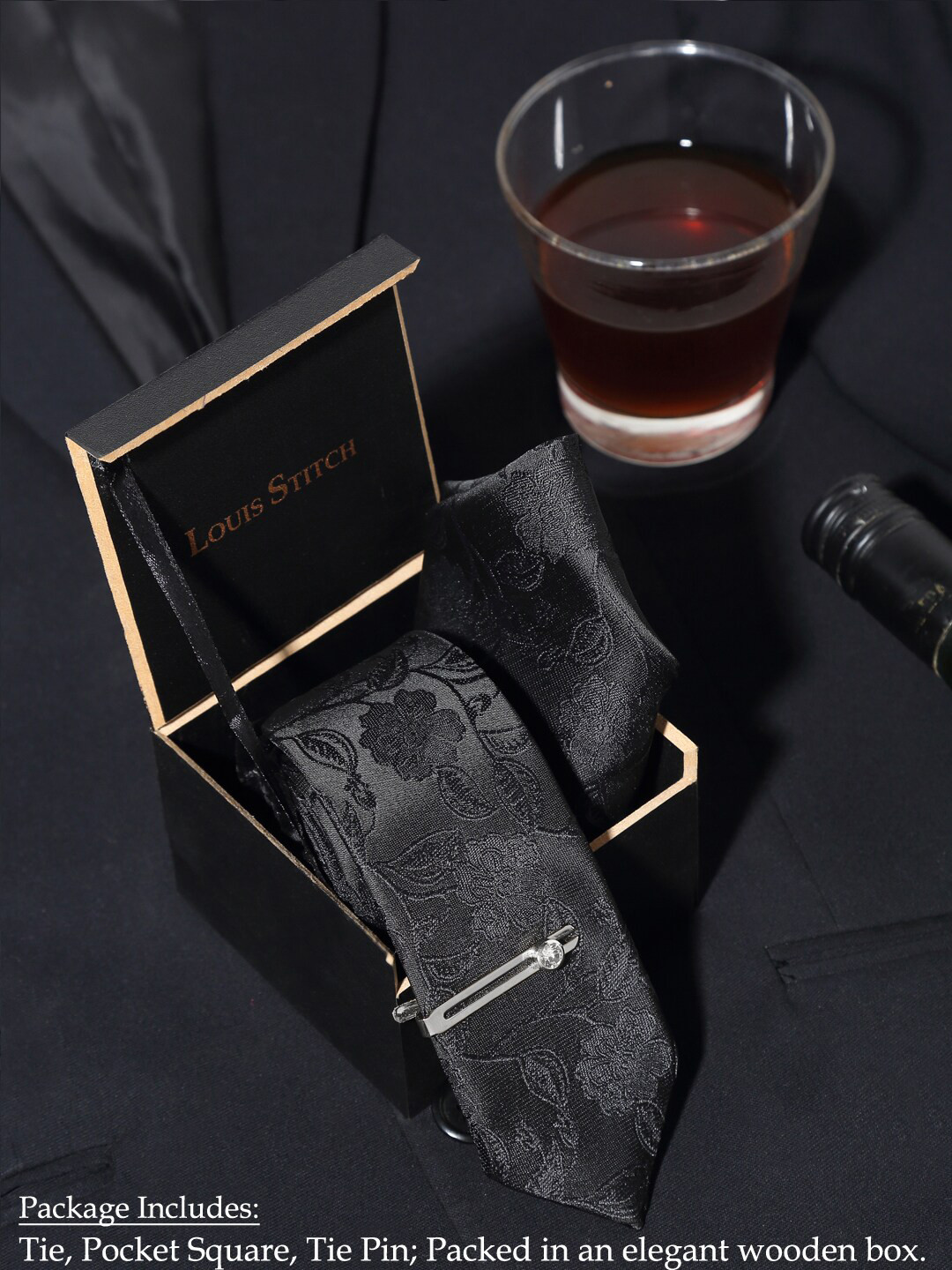 LOUIS STITCH Men Floral Black Italian Silk Necktie Accessory Gift Set