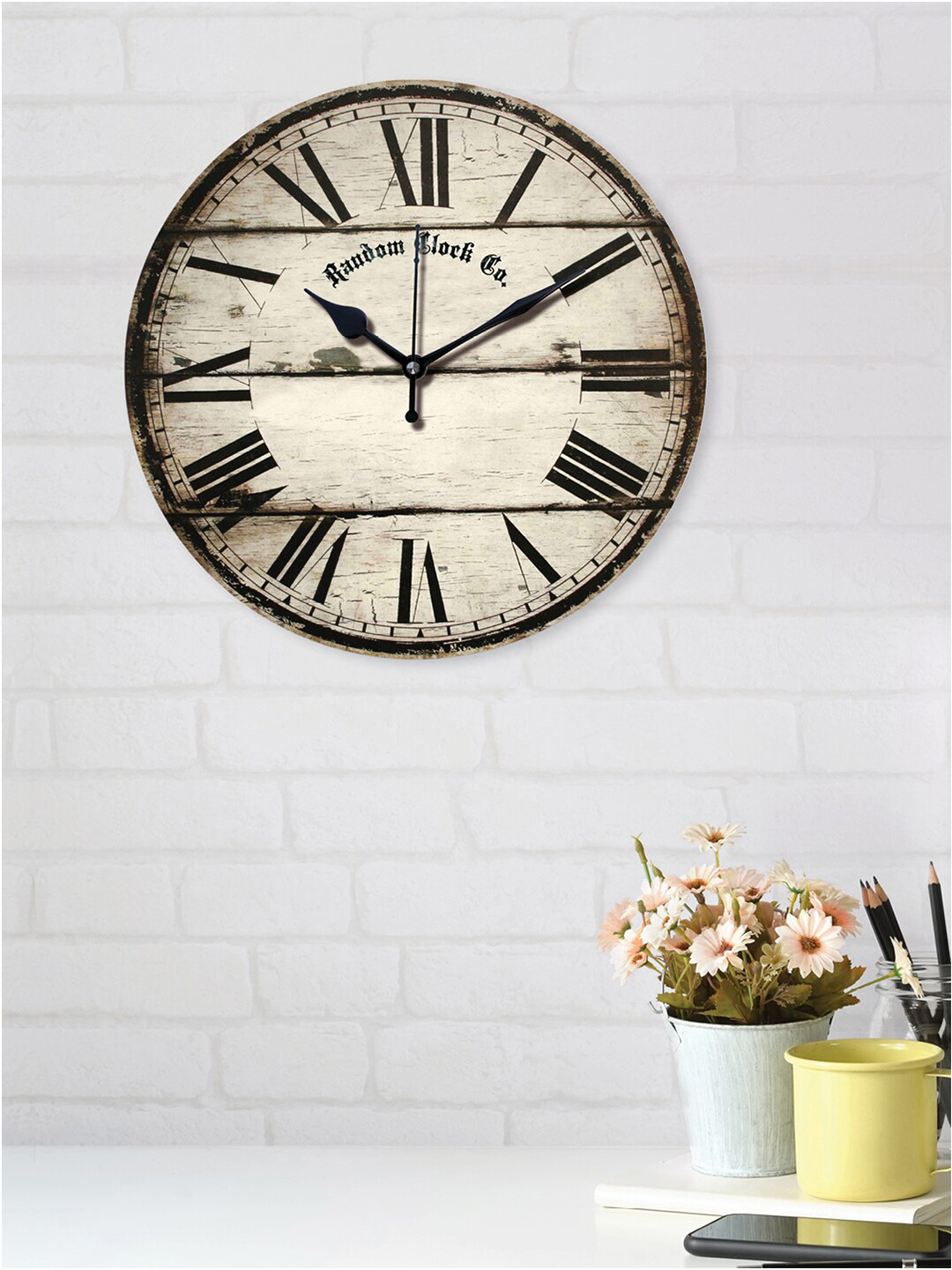 RANDOM Beige Printed Wooden 29.21 CM Vintage Analogue Wall Clock