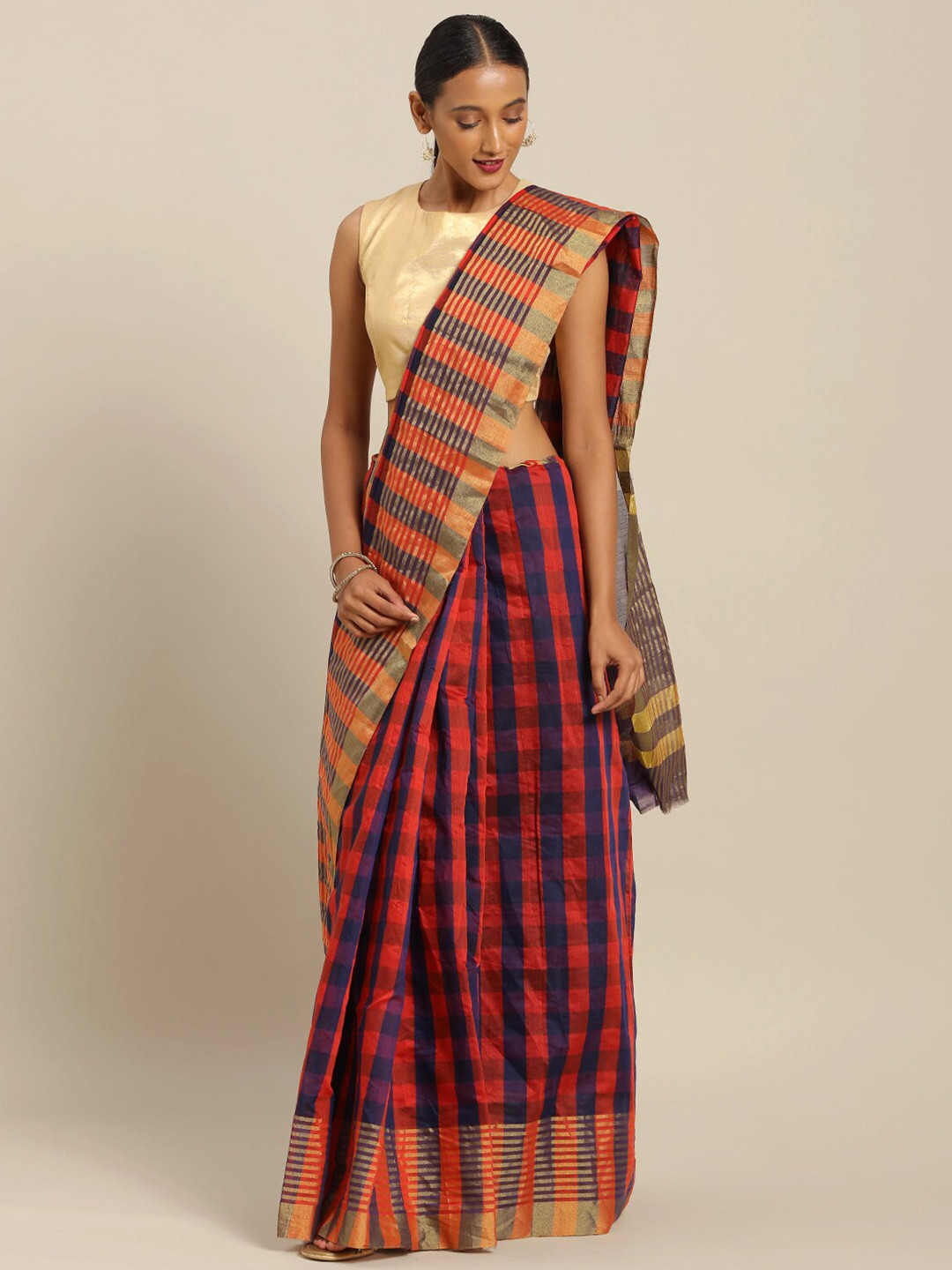 KALINI Red & Purple Checked Art Silk Saree