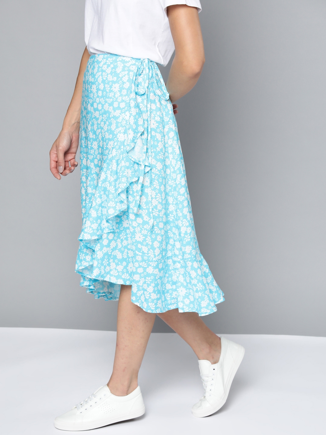 White ruffle floral midi skirt cheap