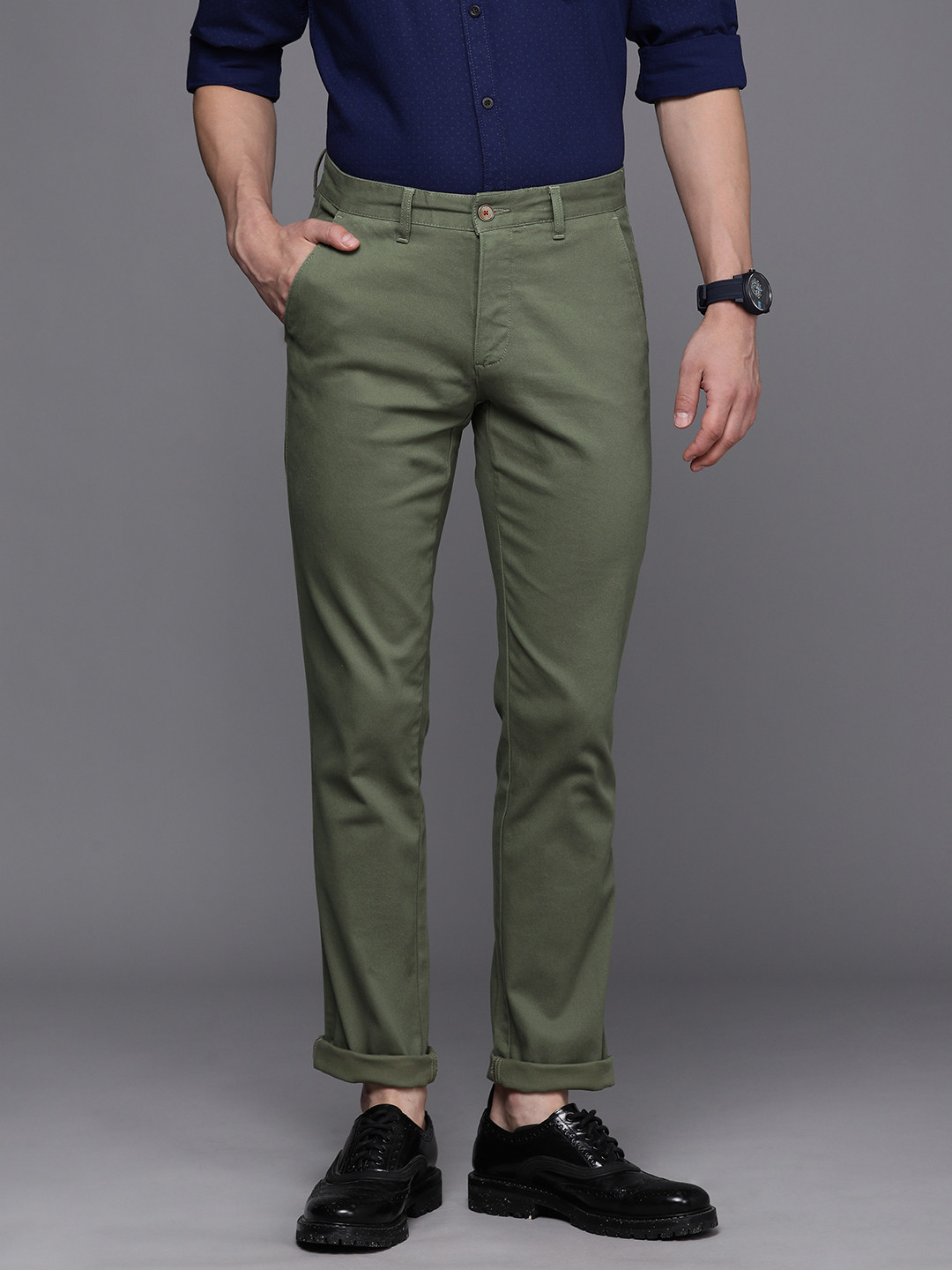 Louis Philippe Sport Men Olive Green Solid Slim Fit Trousers