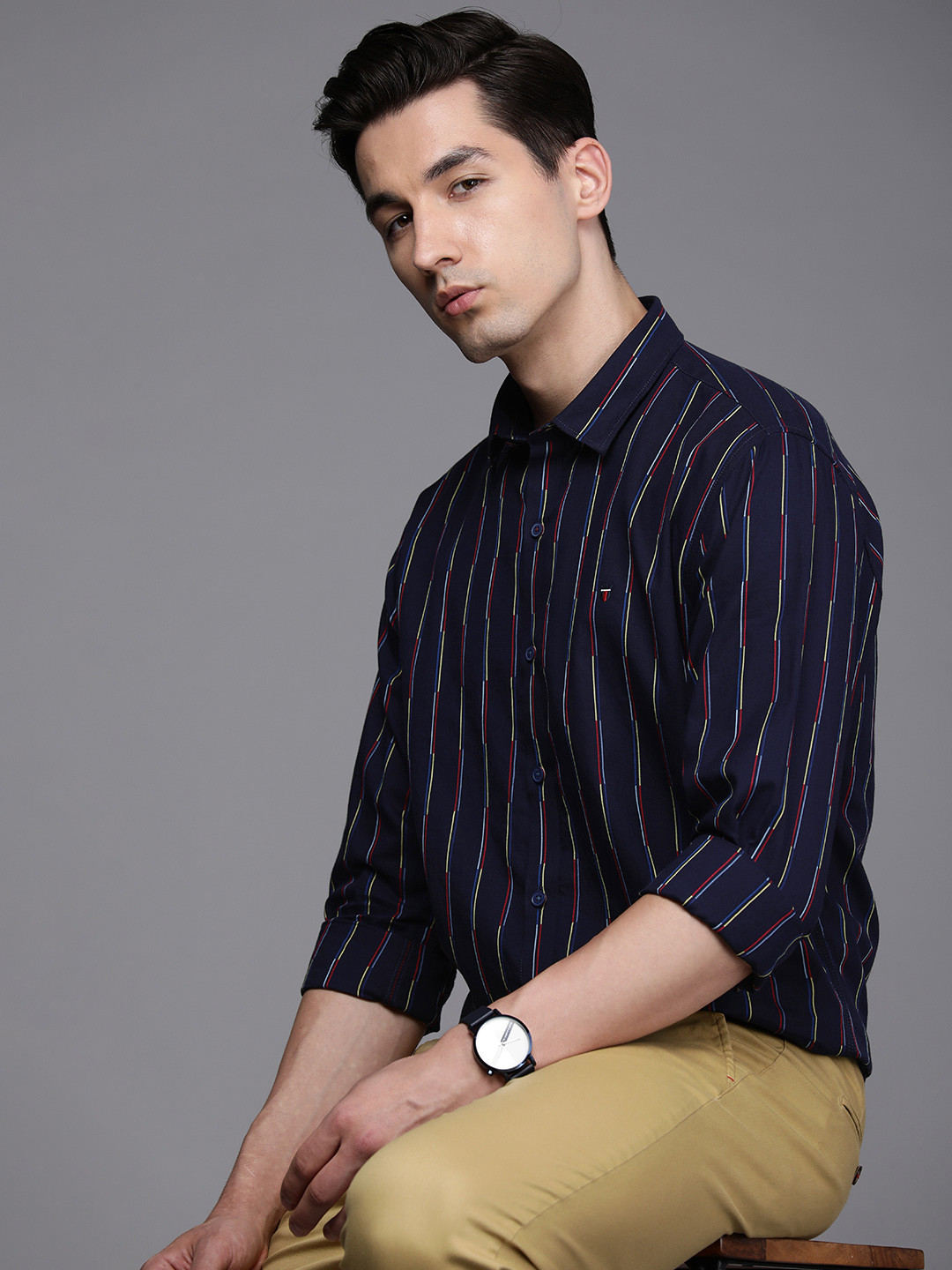 Louis Philippe Sport Men Navy Blue And Red Slim Fit Striped Pure Cotton Casual Shirt