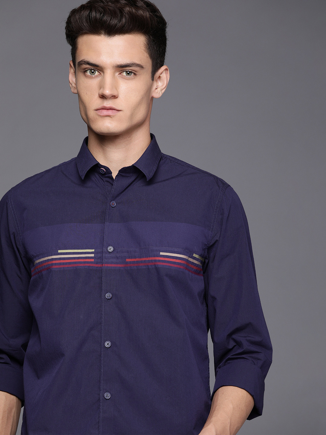 Louis Philippe Sport Men Navy Blue & Red Super Slim Fit Striped Pure Cotton Casual Shirt
