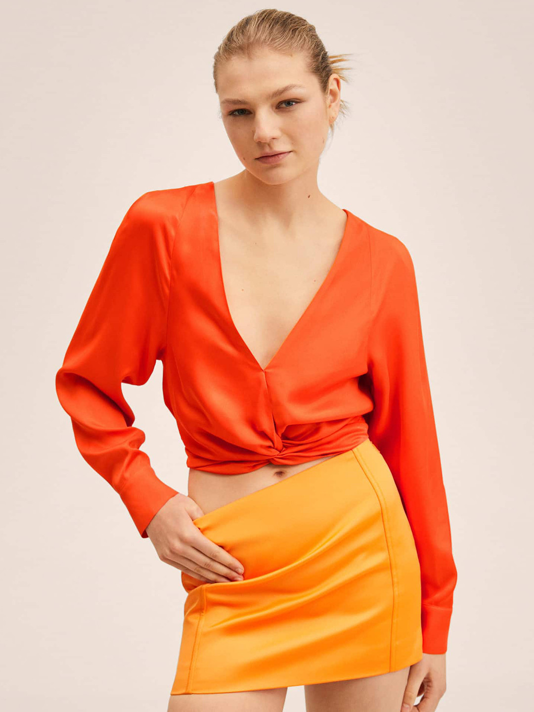 MANGO Women Orange Solid Twisted Top with Styled Back