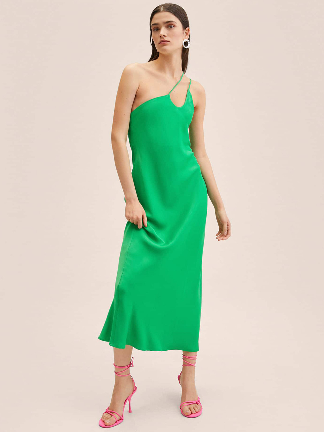 MANGO Green Satin Finish Asymmetric Neckline A-Line Midi Dress