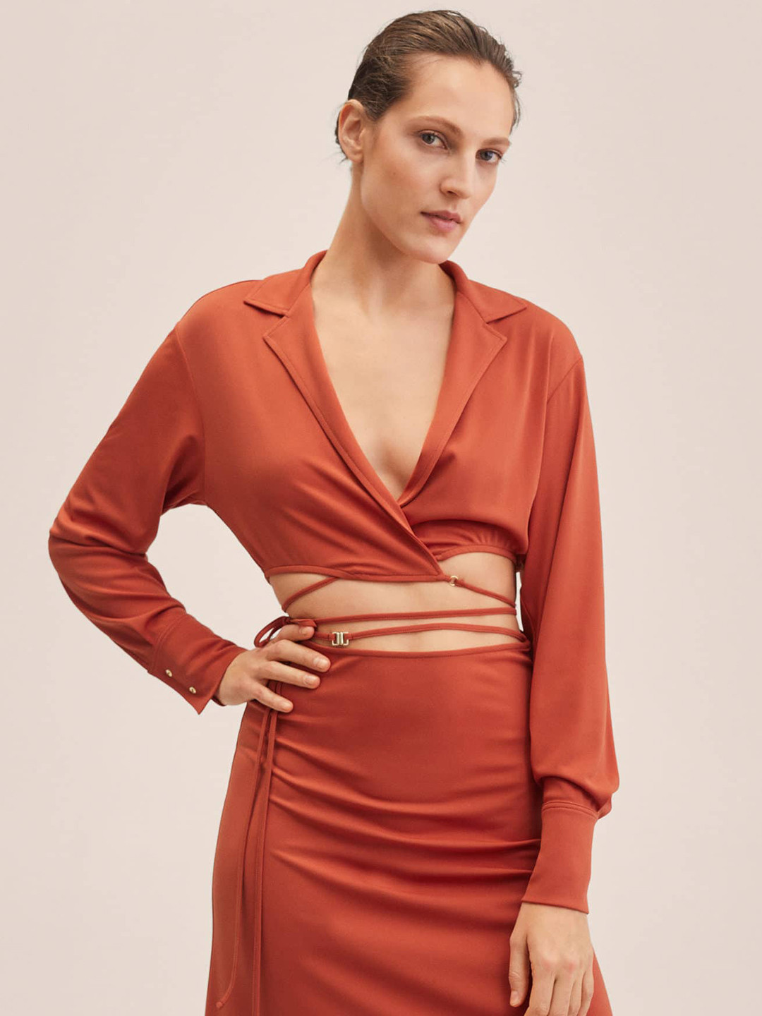 MANGO Rust Red Criss-Cross Wrap Crop Top