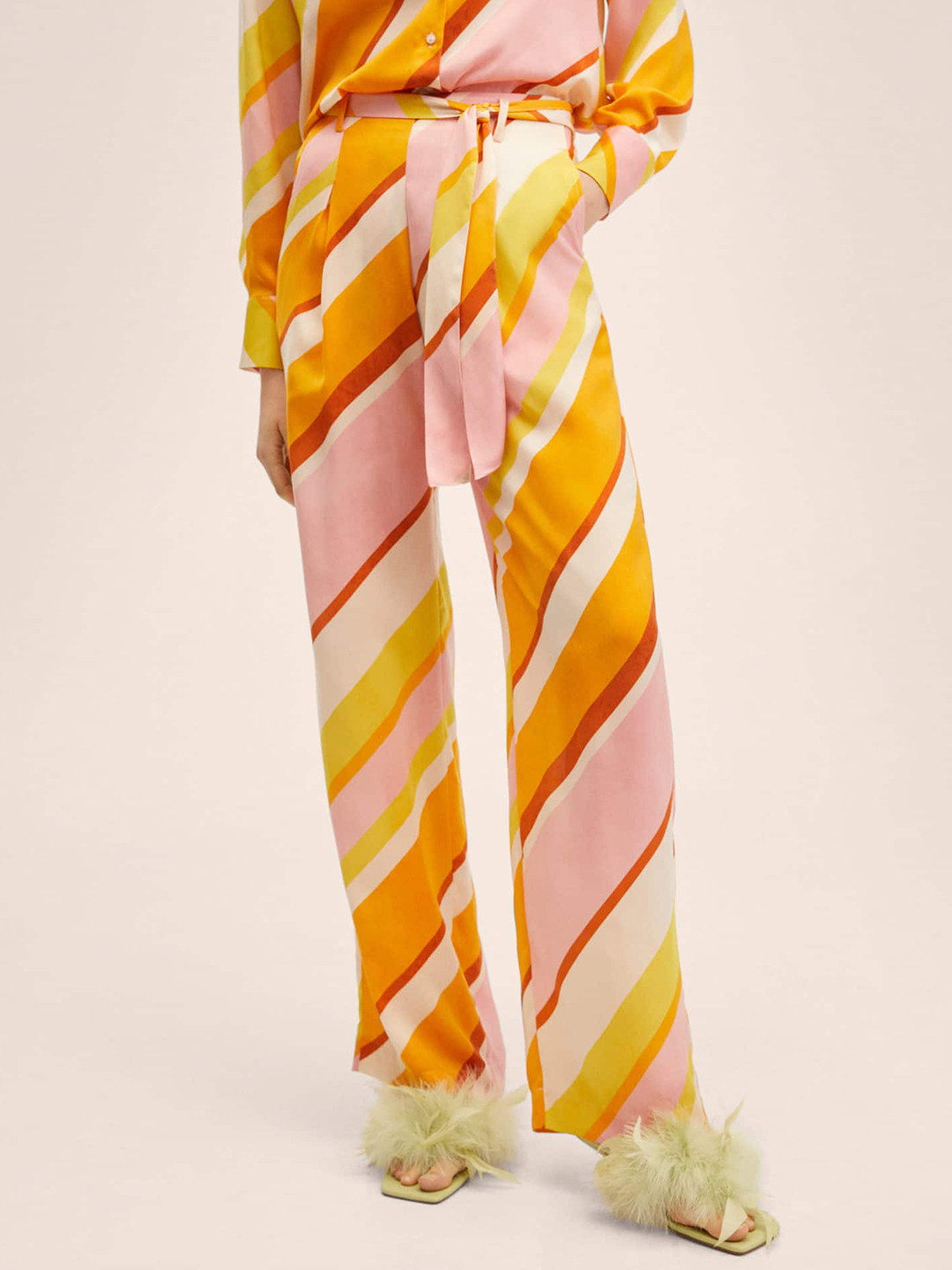 MANGO Women Mustard Yellow Striped Trousers