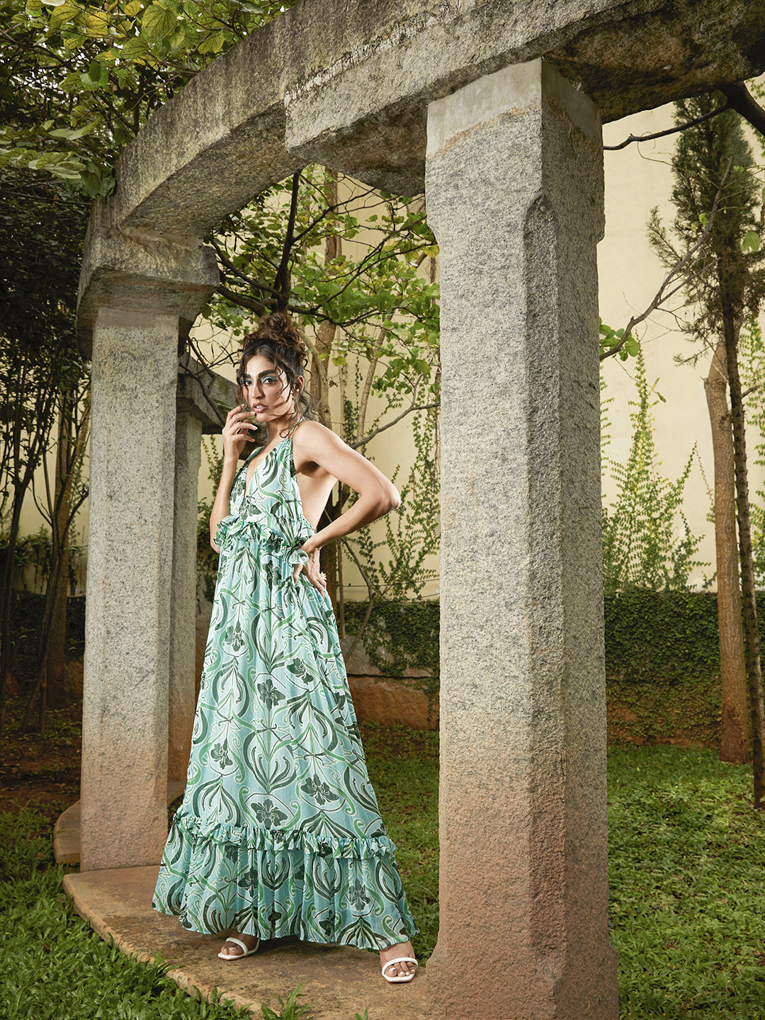 MANGO Green & White Floral Halter Neck Maxi Dress