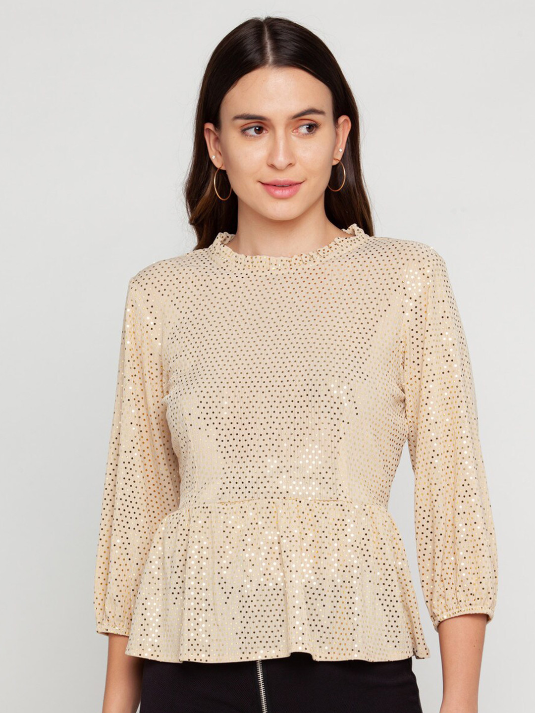 Zink London Beige Embellished Peplum Top