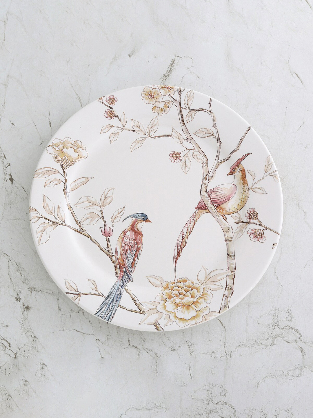 Home Centre White & Brown 1 Piece Printed Stoneware Glossy Dinner Plate