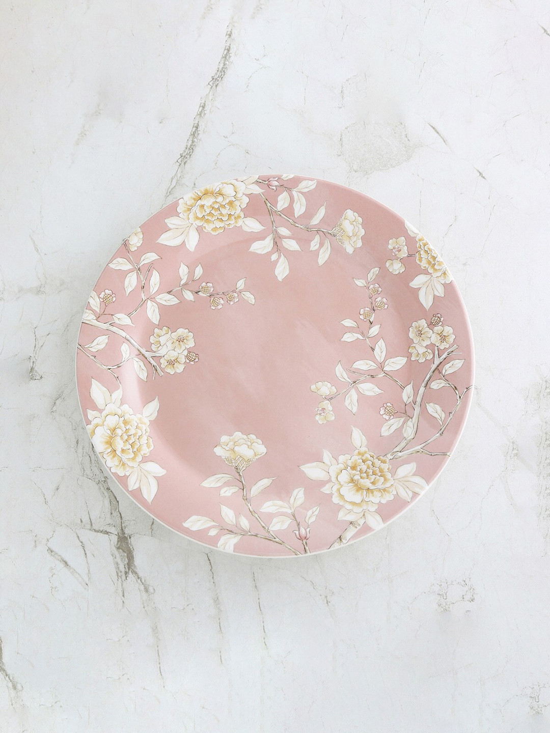 Home Centre Pink & White 1 Piece Floral Printed Stoneware Matte Side Plate