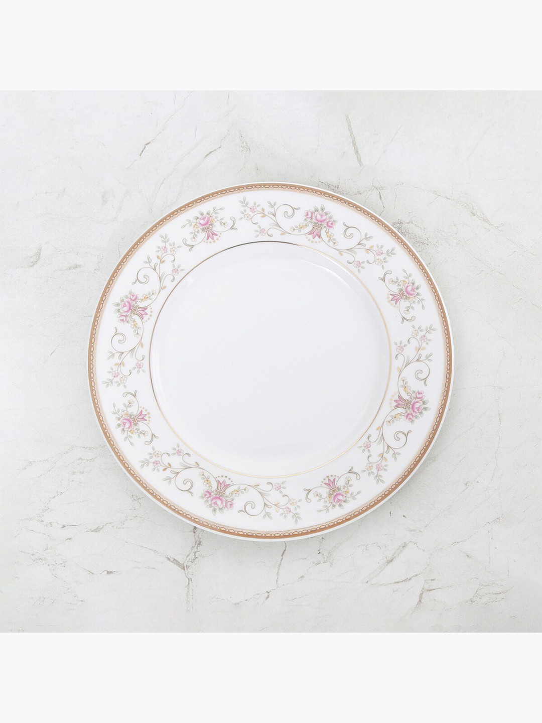 Home Centre Gold-Toned & White 1 Piece Floral Printed Bone China Glossy Plate