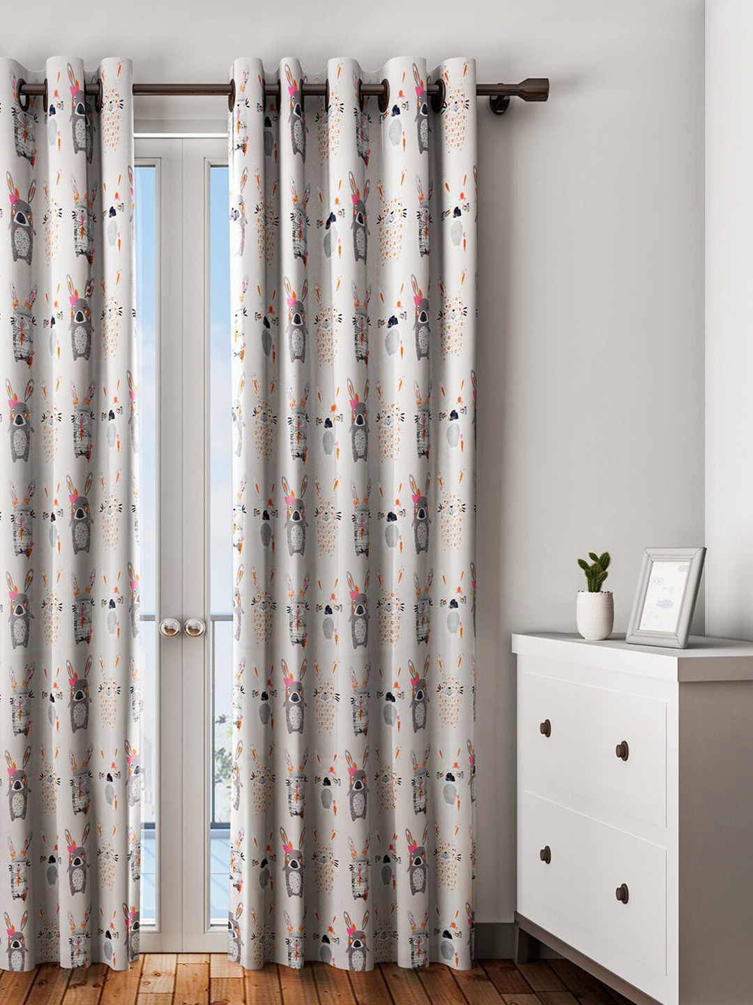 URBAN DREAM Grey & Pink Rabbit Printed Long Door Curtain
