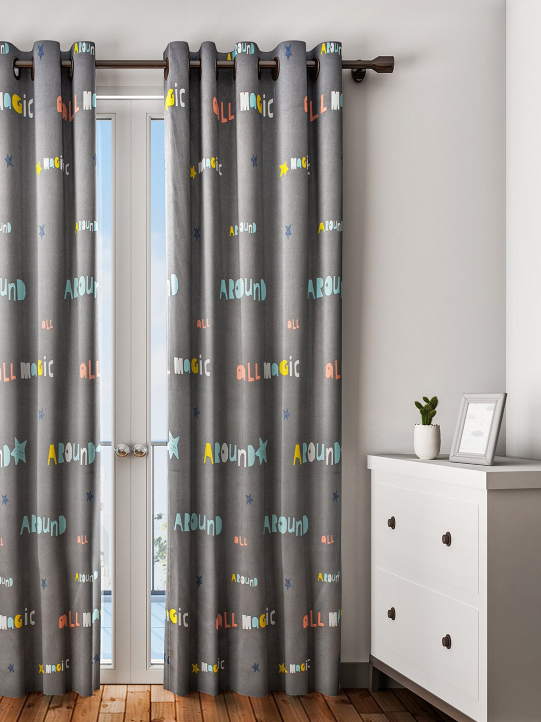 URBAN DREAM Grey & Blue Abstract Single Long Door Curtain