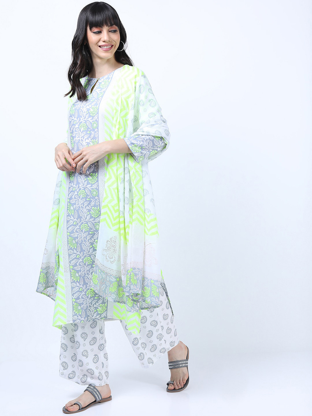 Vishudh Grey Floral Yoke Design Empire Kurta with Trousers & With Dupatta