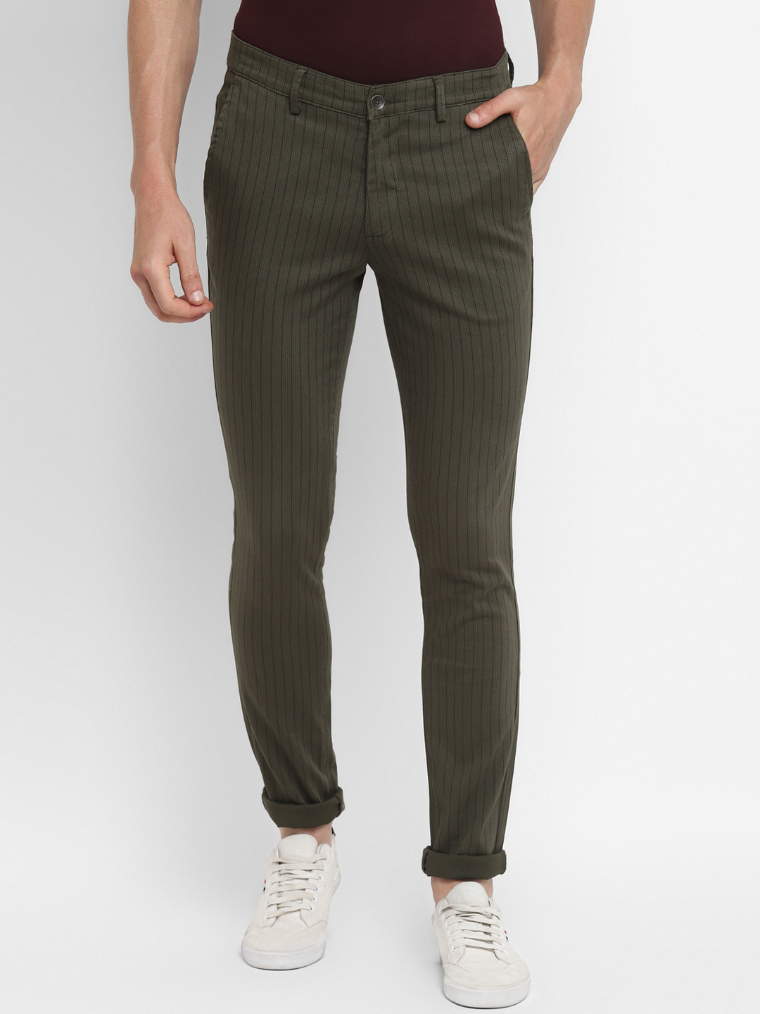 Turtle Men Olive Green Striped Slim Fit Trousers