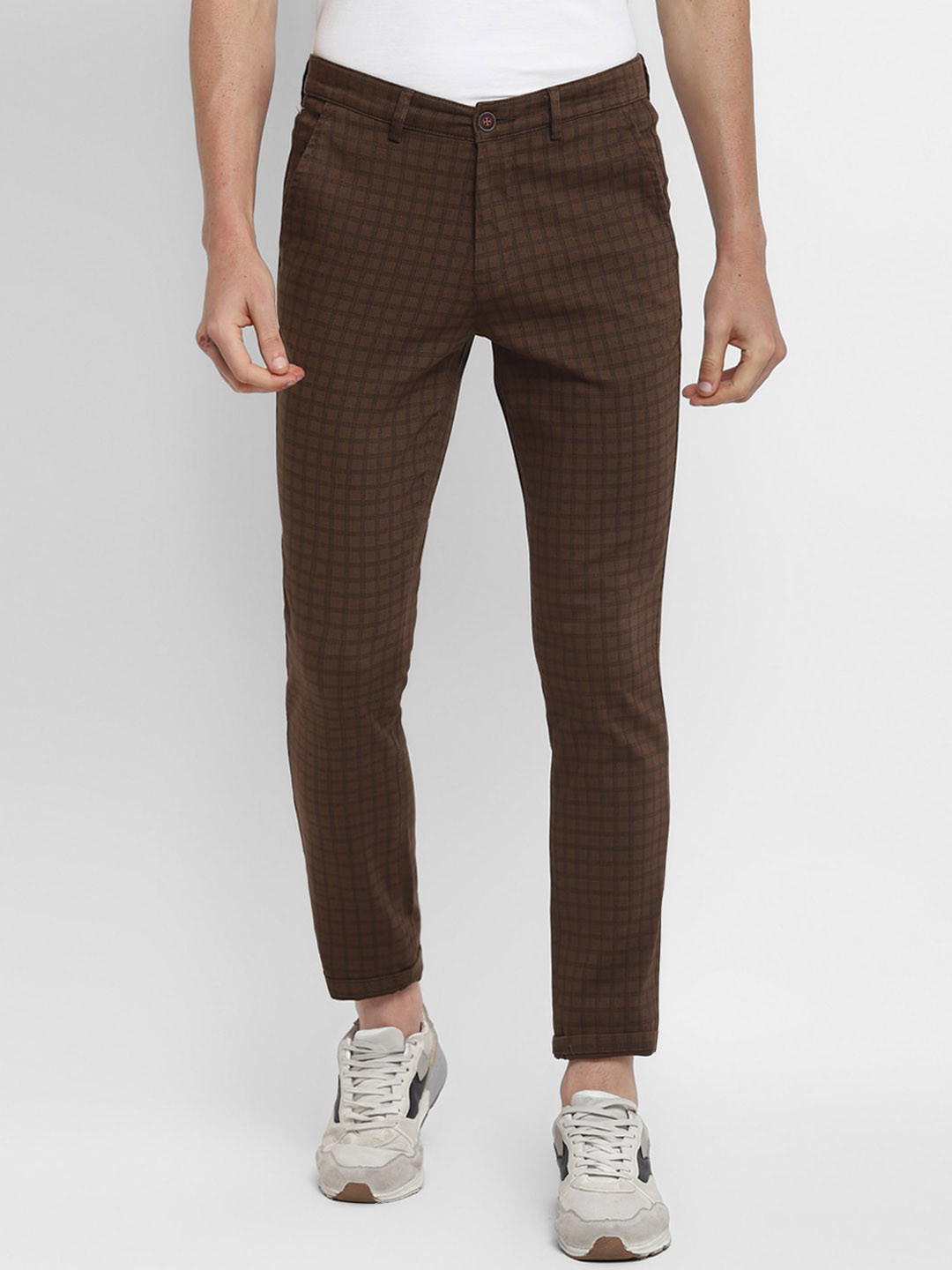 Turtle Men Coffee Brown Checked Tapered Fit Trouser