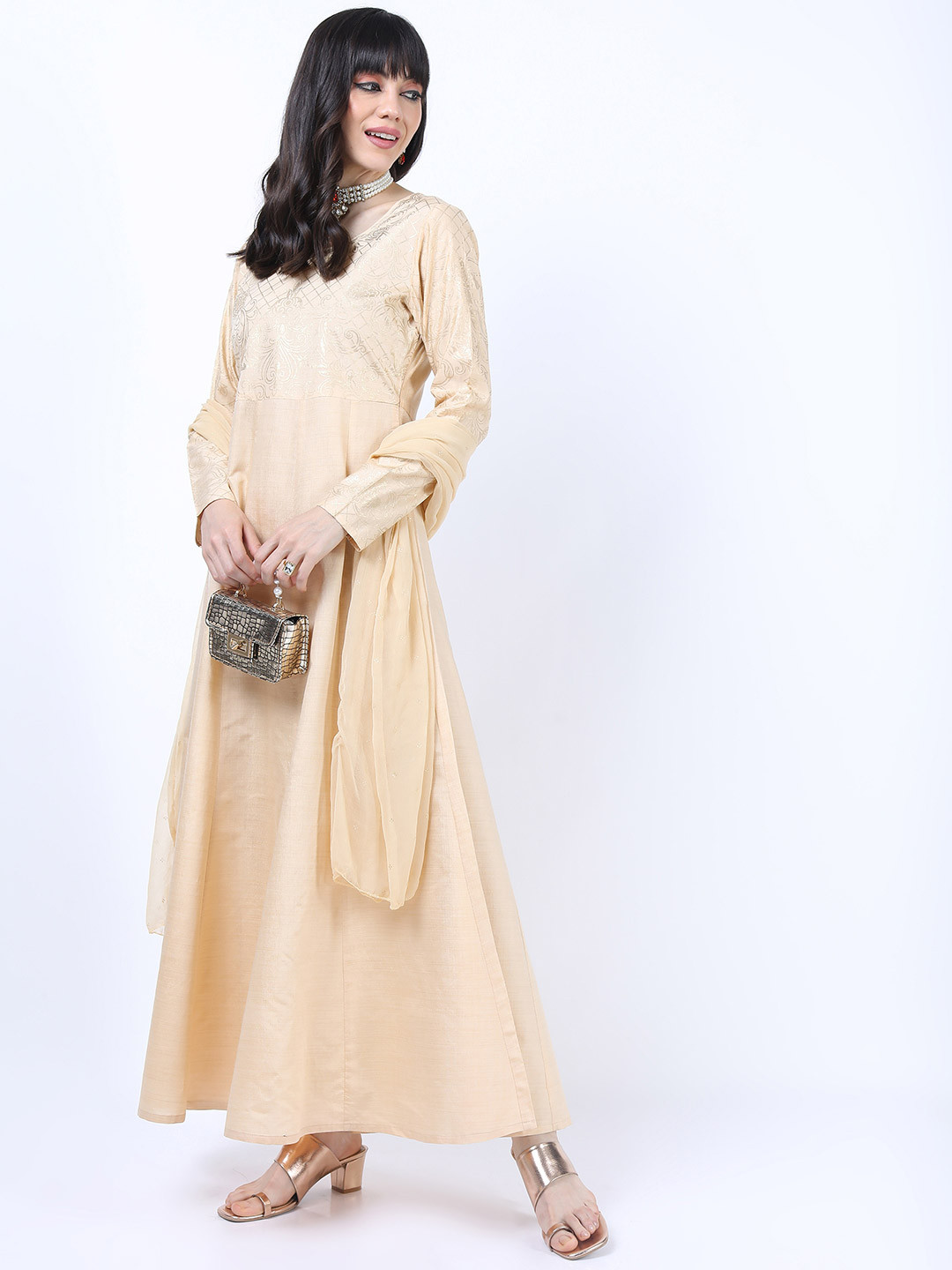 Vishudh Beige Ethnic Maxi Dress with Dupatta