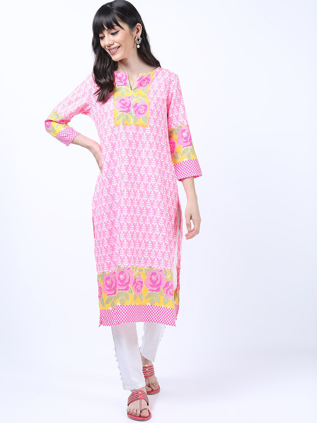 Vishudh Pink Floral Pure Cotton Printed Kurta