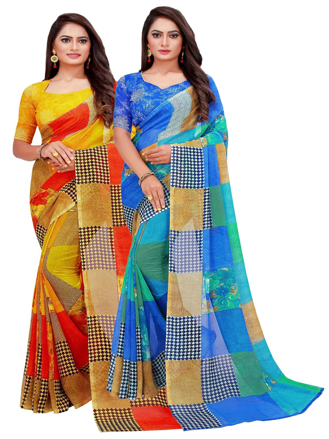 KALINI Blue & Yellow Pure Georgette Saree