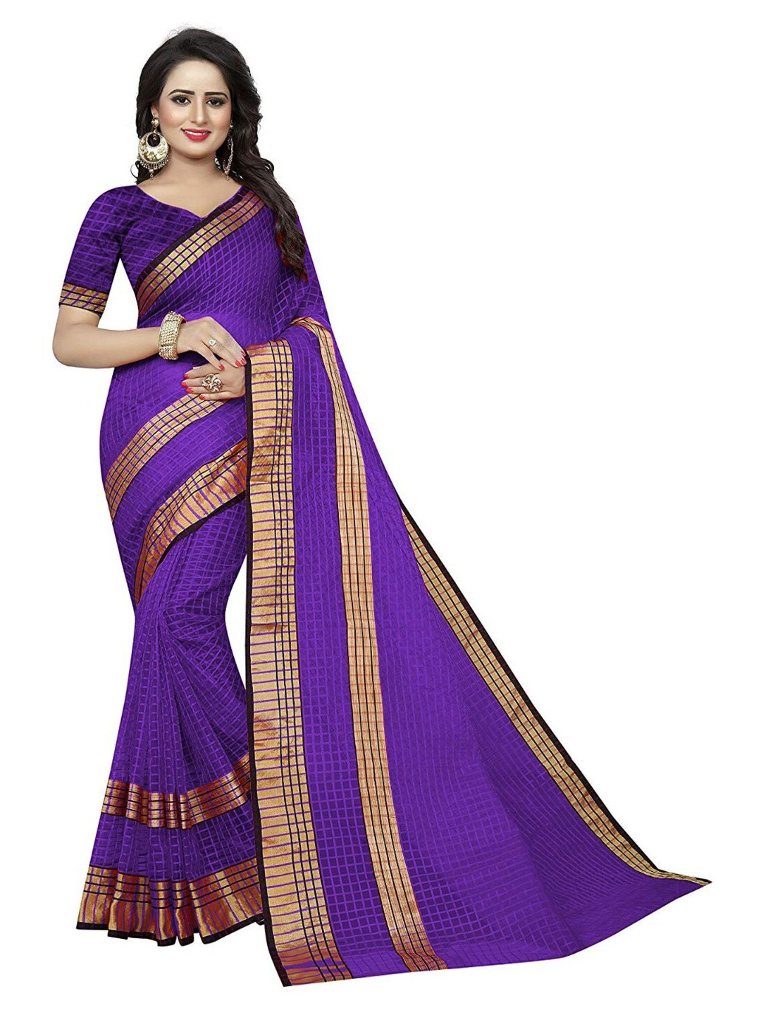 KALINI Violet & Gold-Toned Checked Cotton Silk Saree