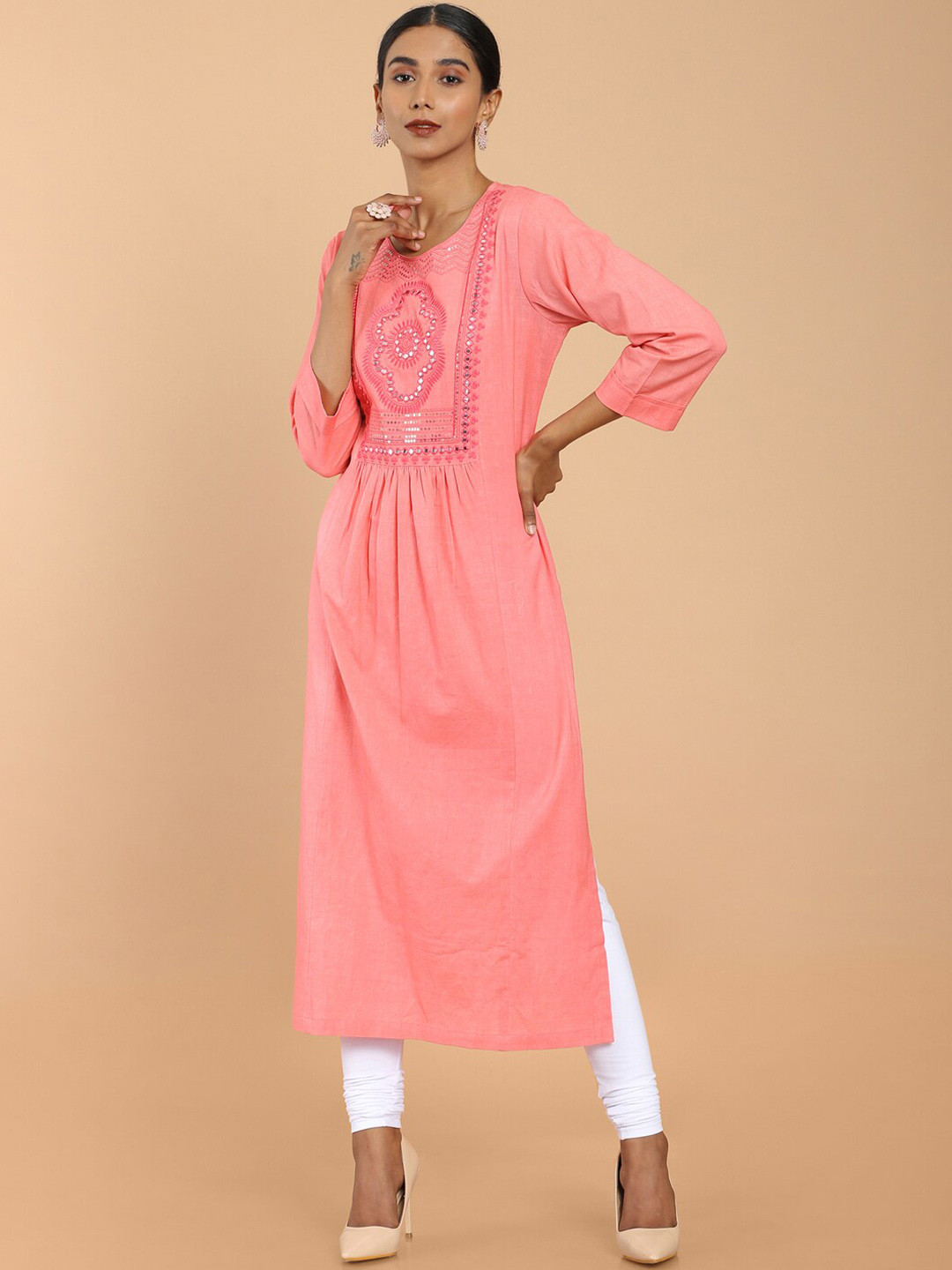 Soch Pink Embellished Yoke Design Thread Work Cotton Kurta