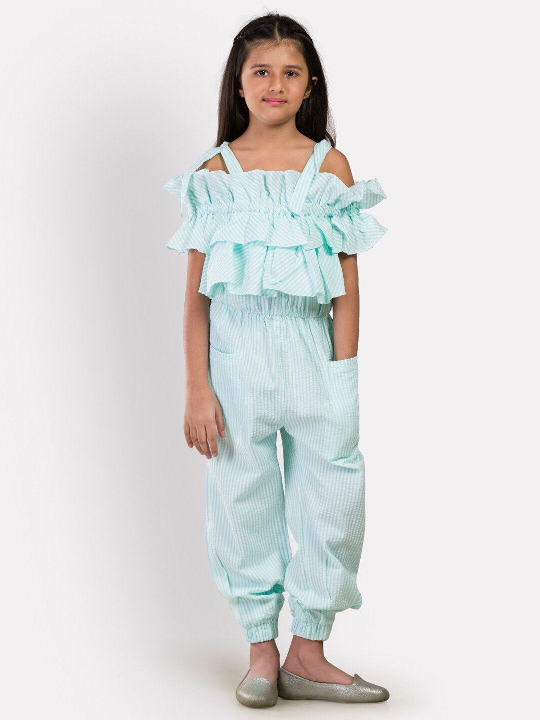 Growing Tree Girls Mint Green Off-Shoulder Striped Cotton Basic Jumpsuit with Ruffles