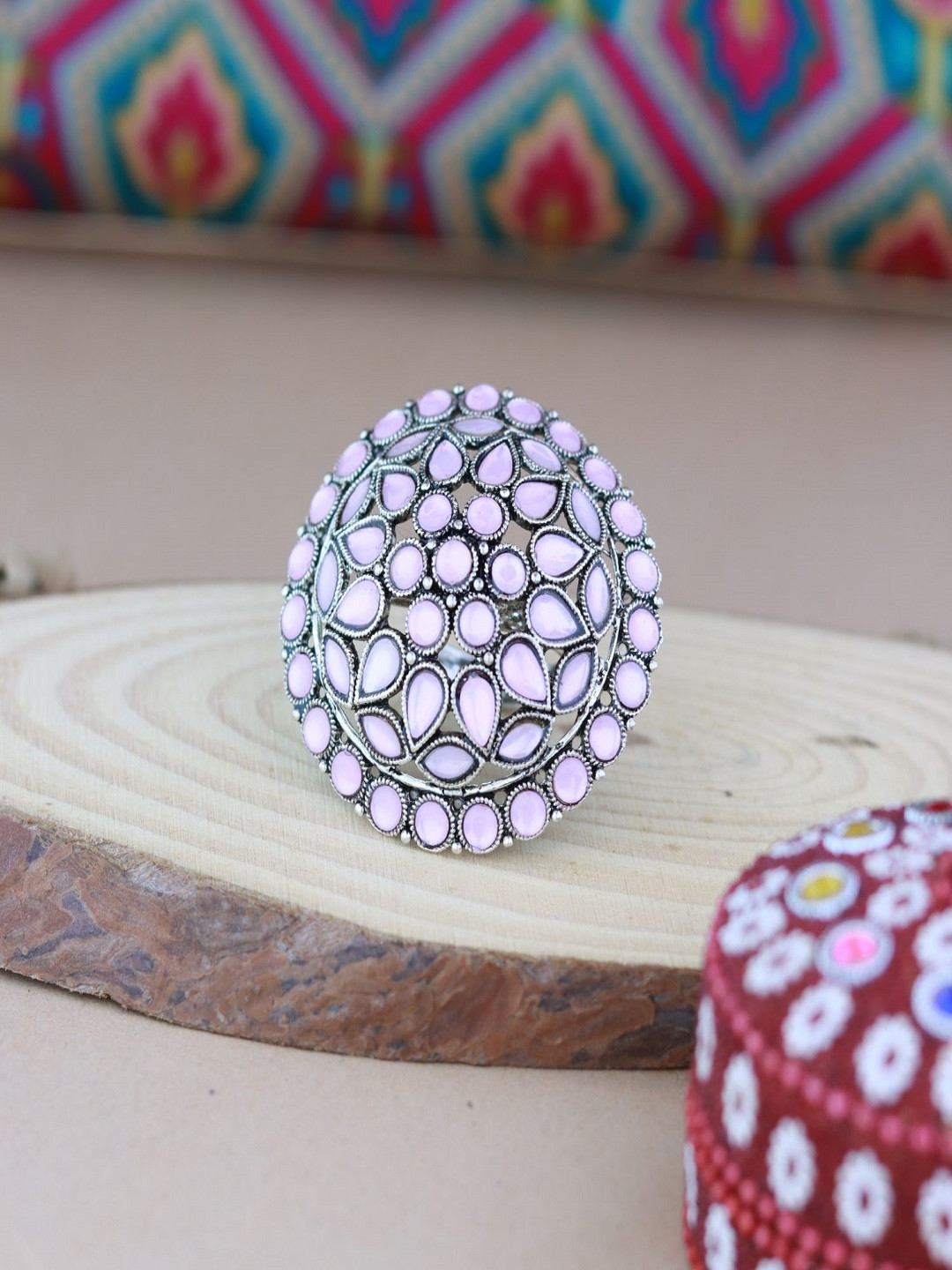 I Jewels Women Silver & Pink Oxidized Kundan Work Adjustable Finger Ring