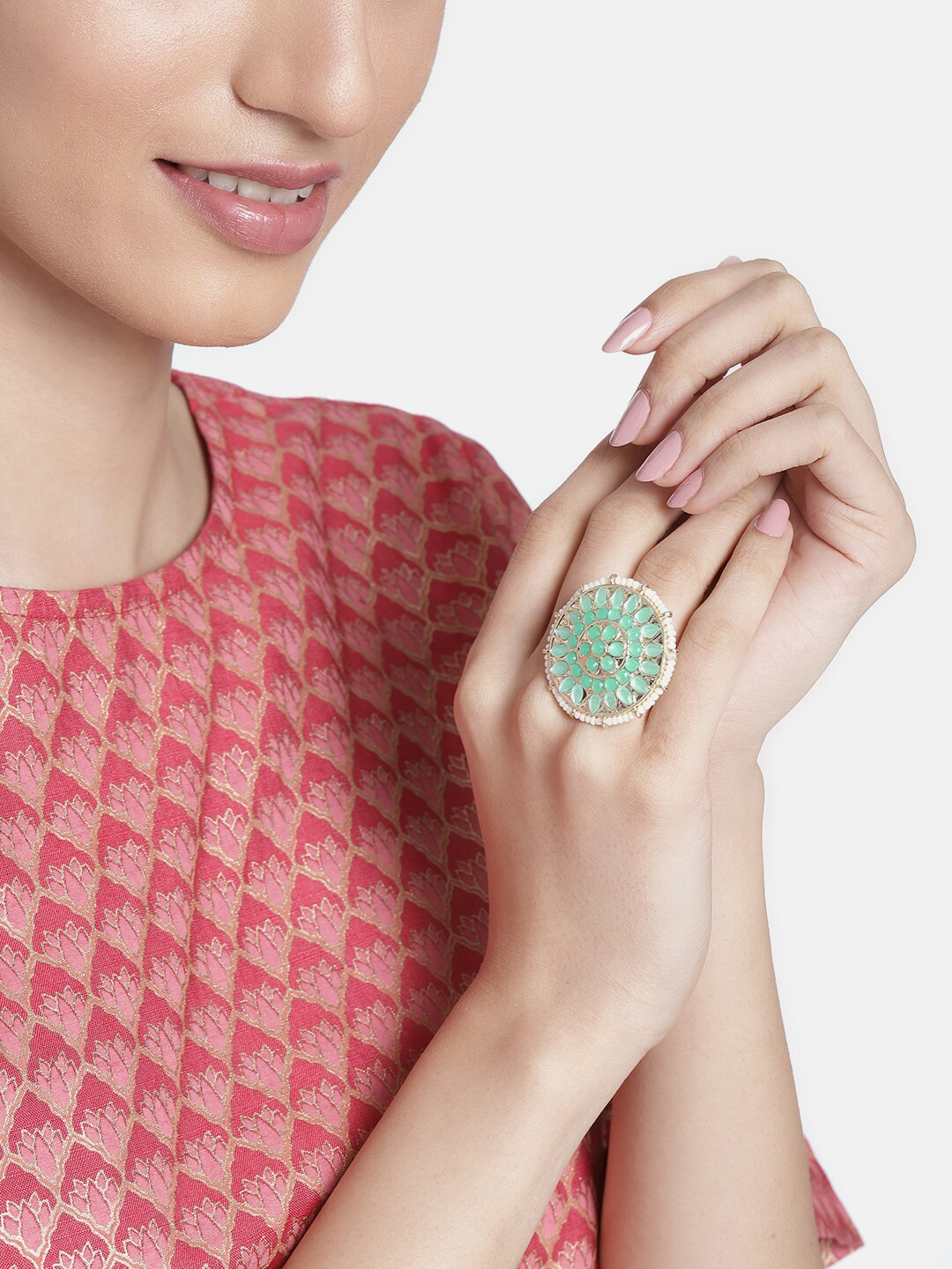 I Jewels Women Turquoise Blue & White 18k Gold Plated Studded Adjustable Finger Ring