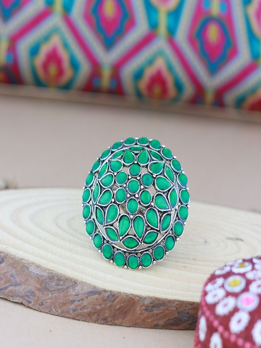 I Jewels Women Silver & Green Oxidized Kundan Work Adjustable Finger Ring