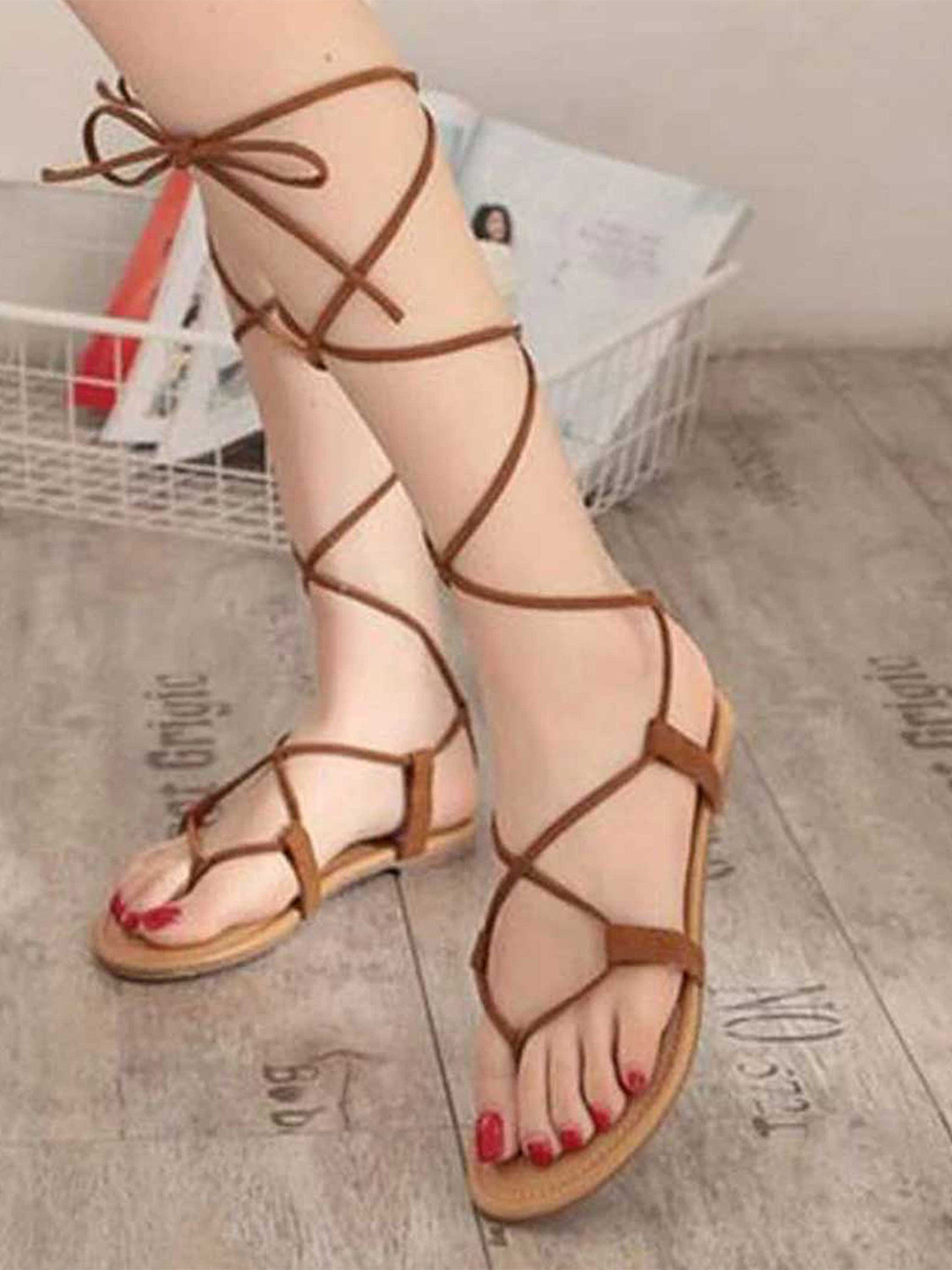 Shoetopia Girls Brown Open Toe Gladiator Flats