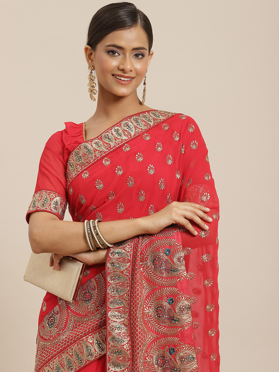 RAJGRANTH Red & Golden Ethnic Motifs Beads and Stones Pure Georgette Heavy Work Saree