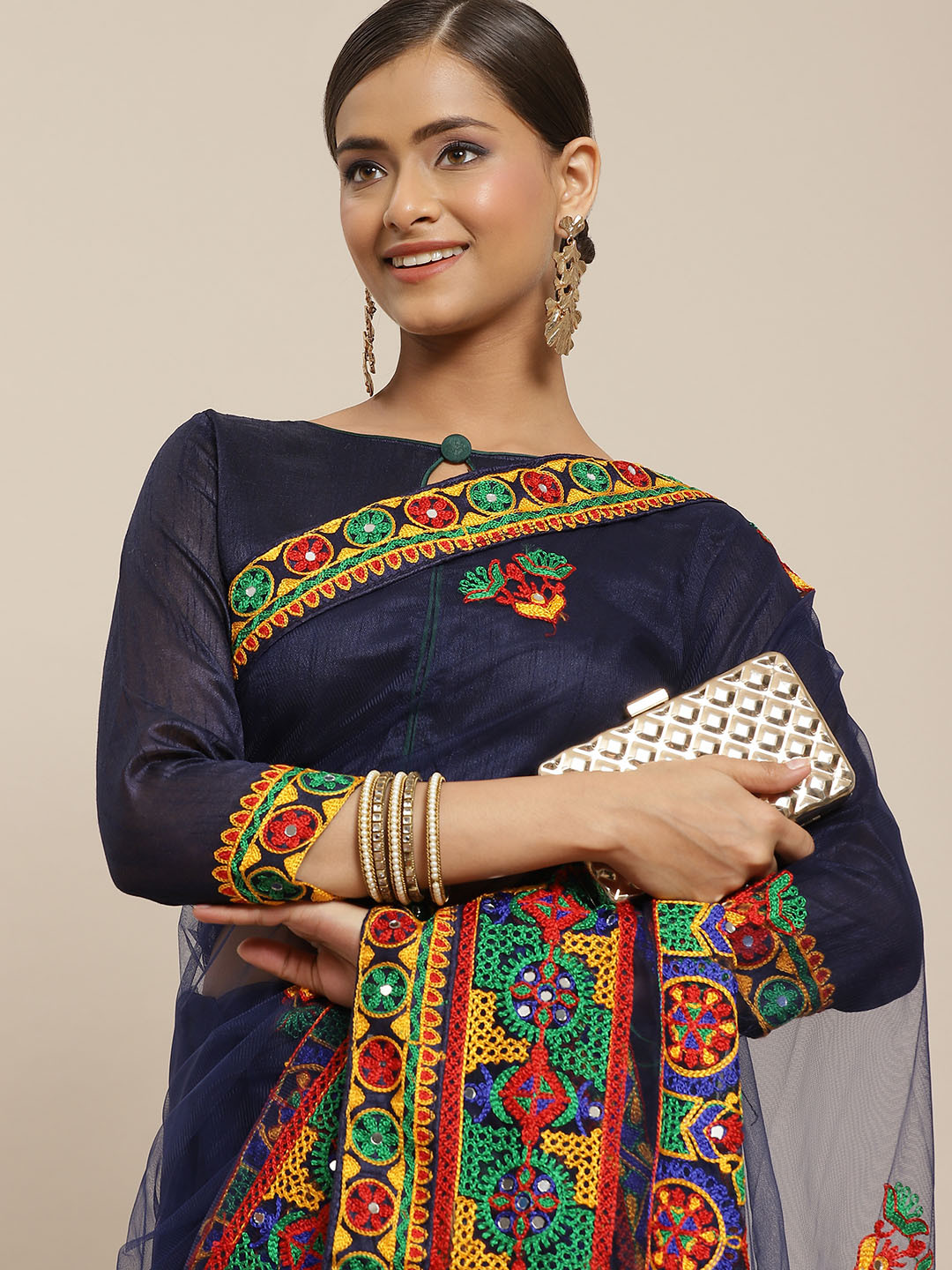 RAJGRANTH Navy Blue & Yellow Ethnic Motifs Mirror Work Net Heavy Work Saree