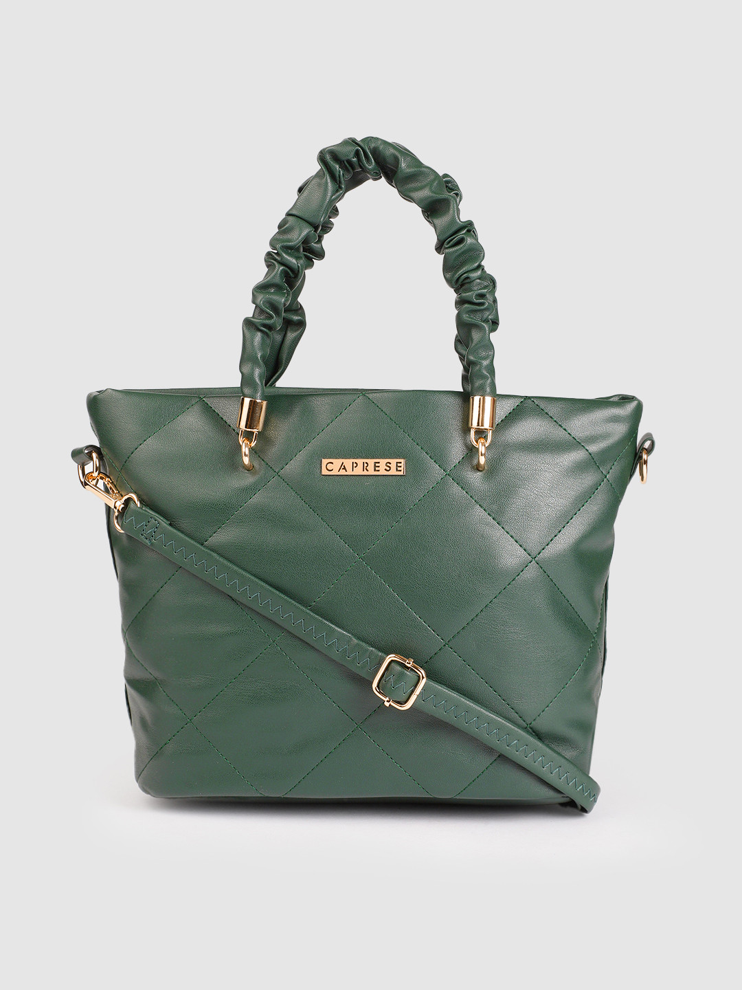Caprese Teal Green Solid Structured Handheld Bag with Quilted Detail