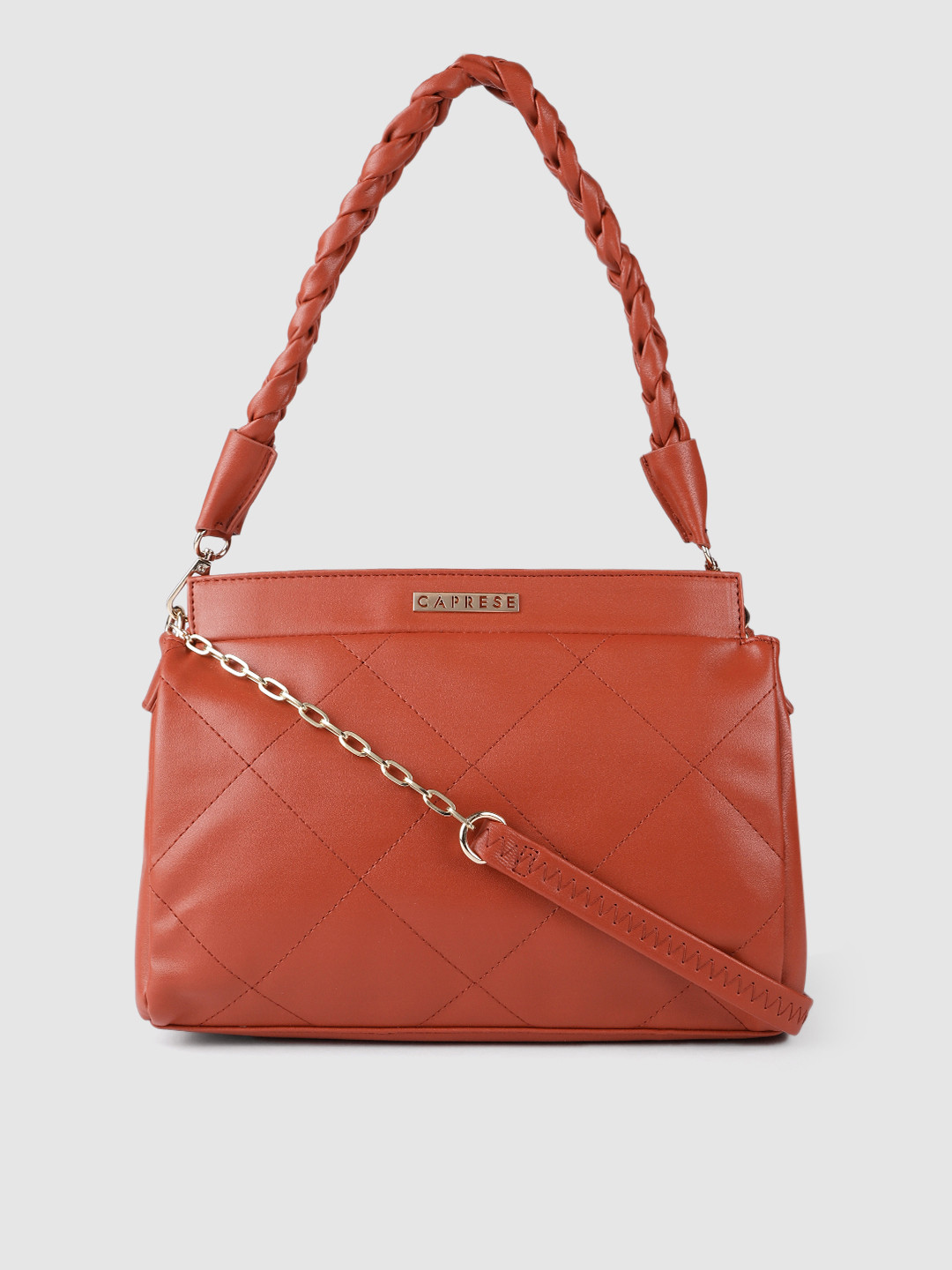 Caprese Rust Orange Solid Structured Shoulder Bag with Quilted Detail