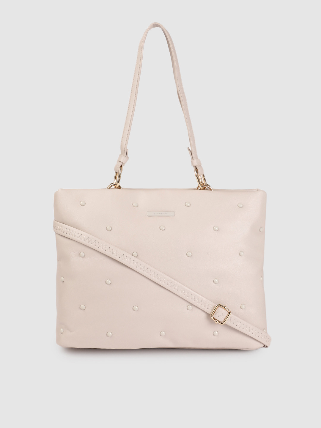 Caprese Light Grey Solid Regular Structured Shoulder Bag with Studded Detail