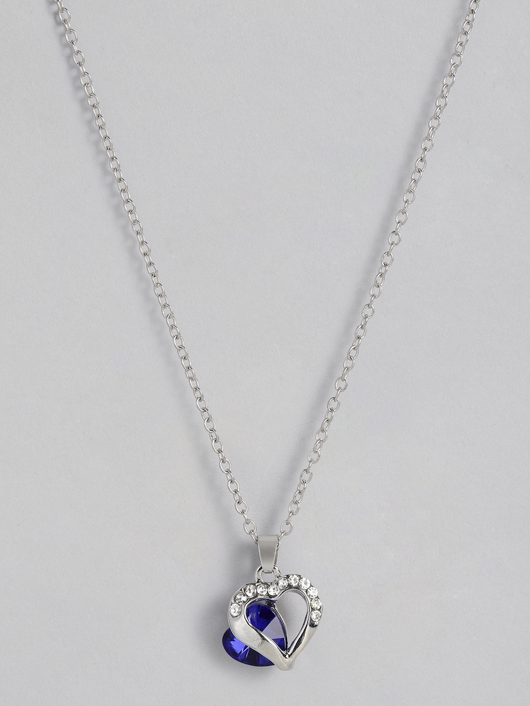 PEORA Silver Plated Blue Heart-Shaped Embellished Pendant with Silver Chain