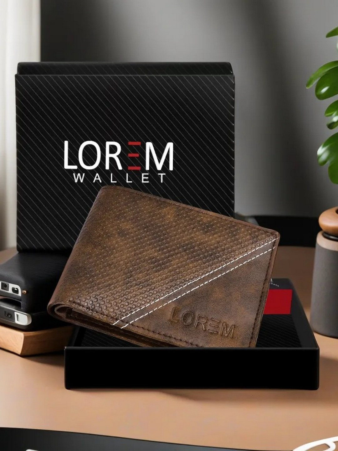 LOREM Men Brown Textured PU Two Fold Wallet