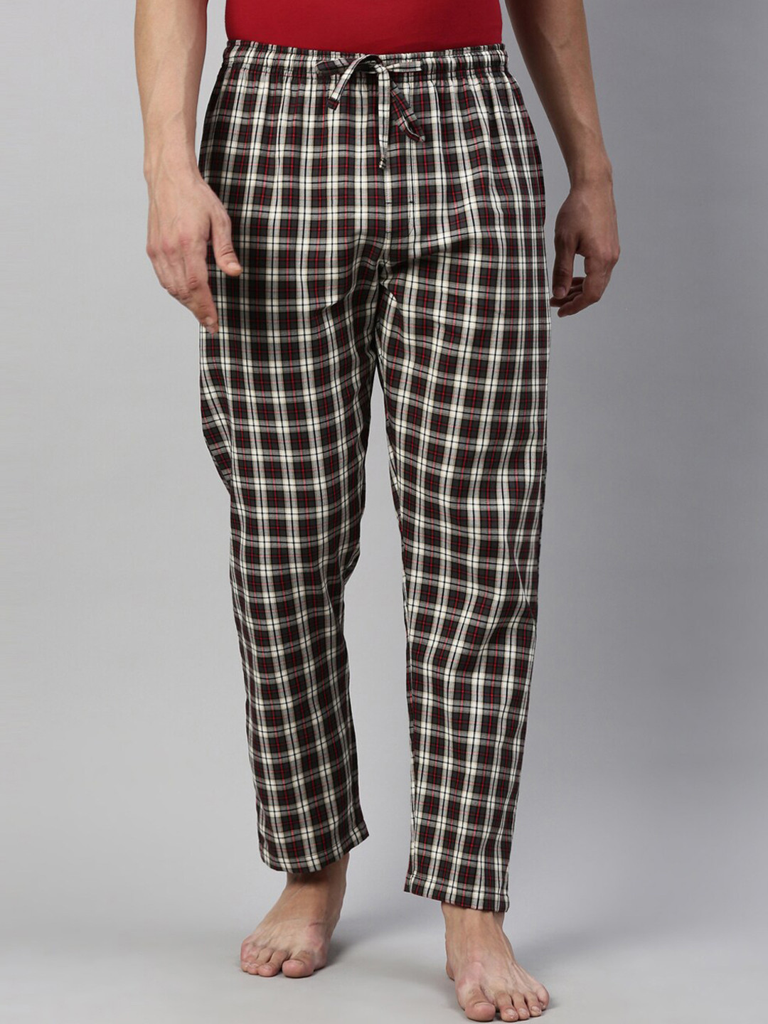 Joven Men Grey & White Checked Pure Combed Cotton Lounge Pant
