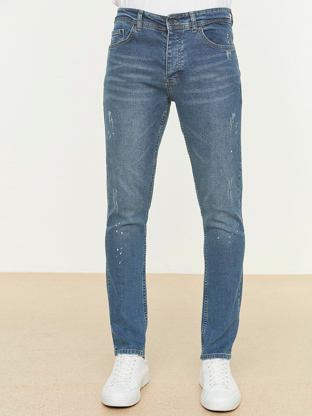 Trendyol Men Blue Low Distress Light Fade Splash Effect Printed Stretchable Skinny Jeans