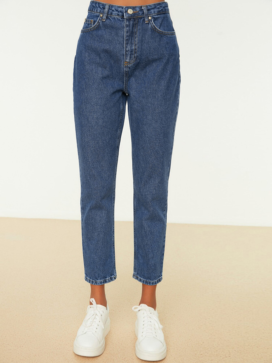 Trendyol Women Navy Blue Mom Fit High-Rise Pure Cotton Jeans